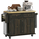 Kitchen Island with Storage, Rolling Trolley Cart with Rubber Wood Top, Spice Rack