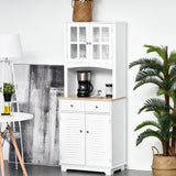 Buffet et vaisselier de cuisine de style côtier, armoire de rangement en bois avec porte vitrée encadrée, armoire à persiennes, tiroirs, espace micro-ondes pour salle à manger et salon.