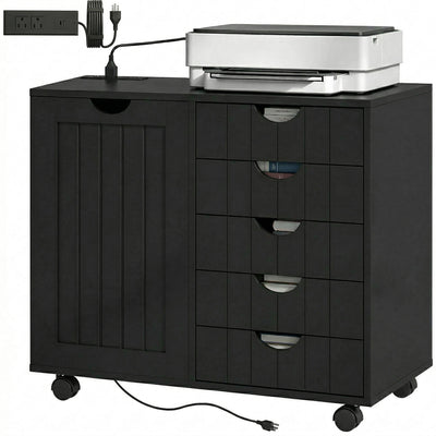 Mobile Lateral Filing Cabinet with 5 Drawers, Printer Stand with Power Outlets and USB Ports for Home Office
