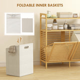 Tilt Out Laundry Hamper, Bamboo Laundry Cabinet with 2 Removable Baskets and 2-Tier Shelves for Laundry Room