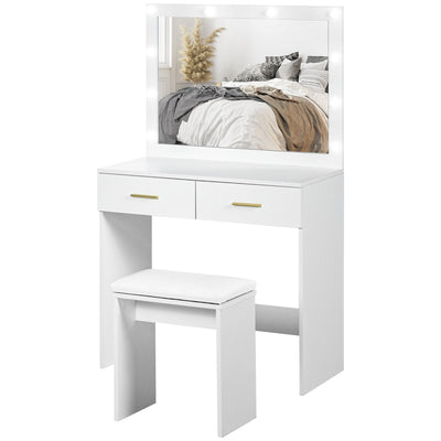 Makeup Vanity Desk Set with Stool, Dressing Table with LED Lighting Mirror, Drawers