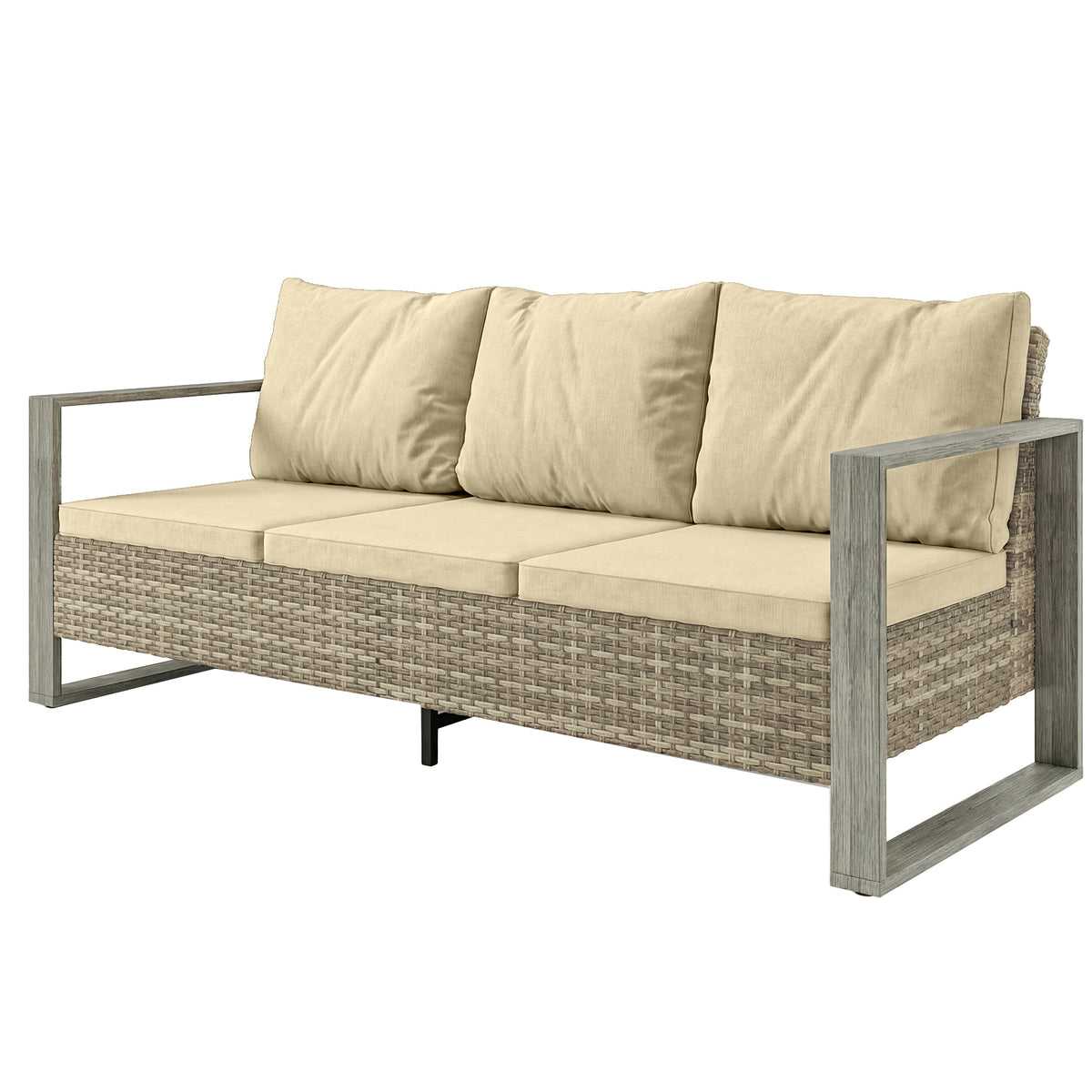 3-Seater Outdoor Couch, PE Wicker Patio Sofa with Deep Seat, Wood-Effect Aluminum Armrests