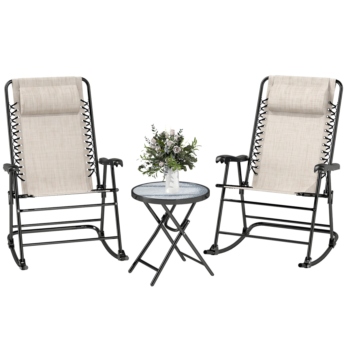 Ensemble de 3 Chaises Berçantes de Patio, Chaises Berçantes Pliantes d'Extérieur et Table Ensemble Bistro avec Siège et Dossier Maille Respirante, Appuie-tête pour Parc