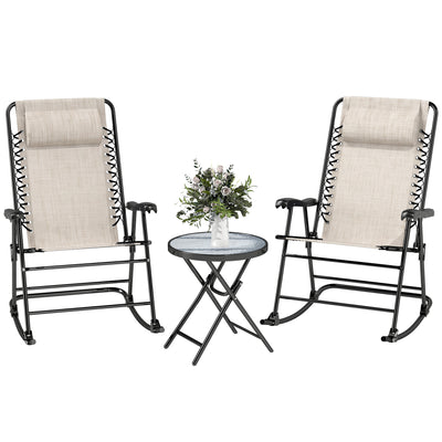 3pc Patio Rocking Chair Set, Folding Outdoor Rocking Chairs and Table Bistro Set w/ Breathable Mesh Seat & Backrest, Headrest for Park