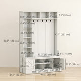 Hall Tree with Bench and Shoe Storage, 12 Shelves, 2 Cabinets, 5 Hooks