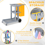 Janitorial Cart with 3 Shelves, Cleaning Cart on Wheels with Rubbish Bag and Mop Holders for Hotel