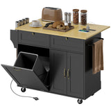 Kitchen Island Cart with Charging Station and Drop Leaf, Kitchen Island Table on Wheels with Trash Can Cabinet