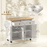 Kitchen Island with Storage, Rolling Trolley Cart with Rubber Wood Top, Spice Rack
