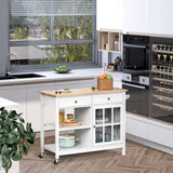 Kitchen Cart on Wheels, Utility Storage Island with Rubber Wood Top, Towel Rack, Cabinets, Drawers