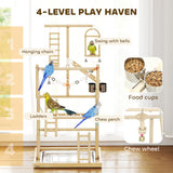 Bird Playground, 4 Layer Wooden Play Stand with Ladders, Stainless Steel Cups and Tray for Small Birds