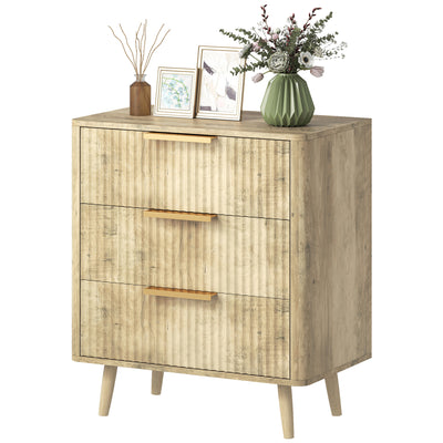 Fluted Chest of Drawers, Modern 3 Drawer Dresser with Pine Wood Legs