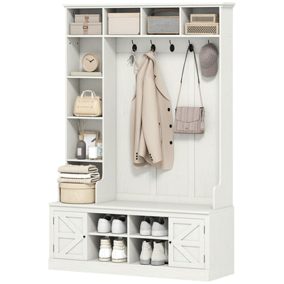 Hall Tree with Bench and Shoe Storage, 12 Shelves, 2 Cabinets, 5 Hooks