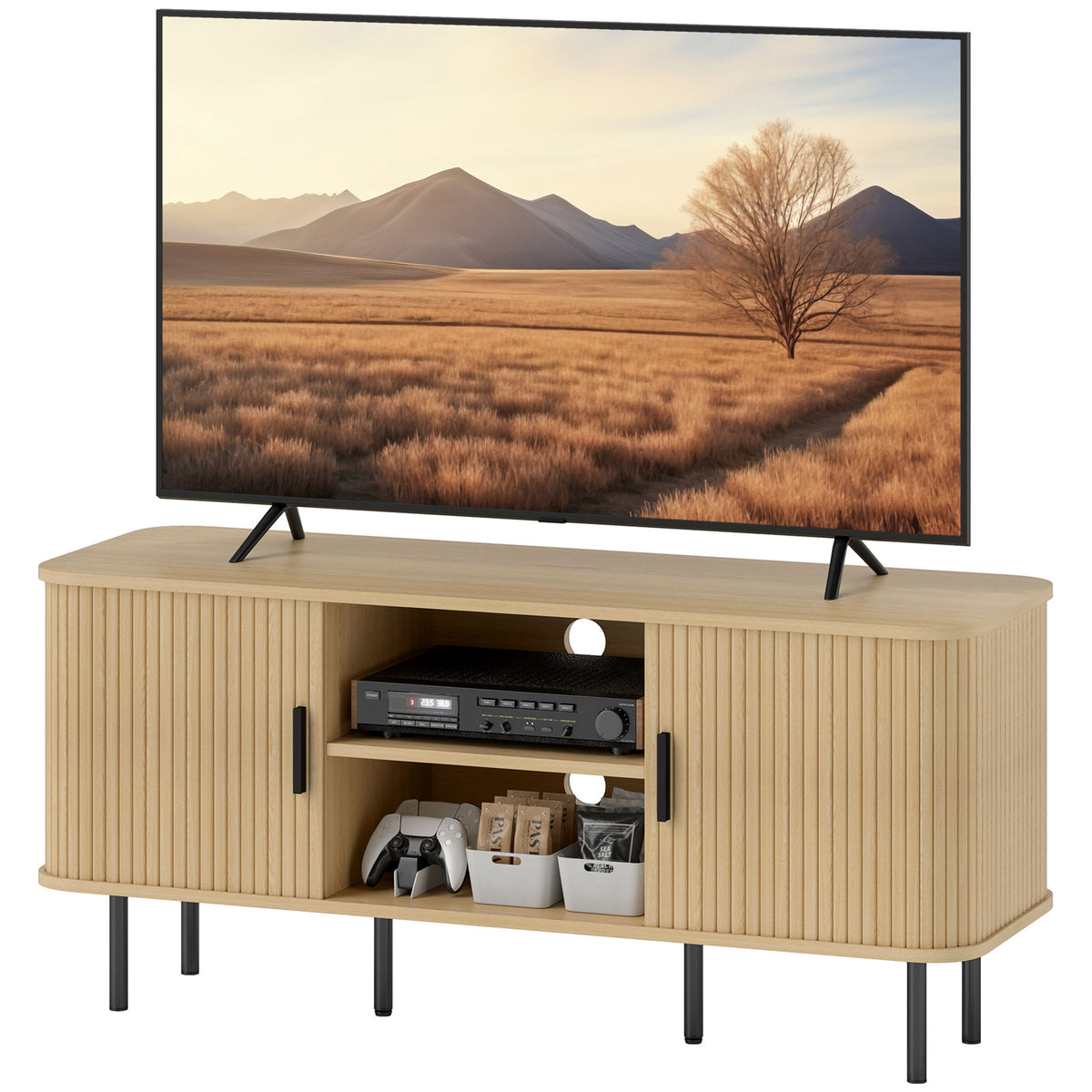 Meuble télé pour téléviseurs jusqu'à 55 pouces, unité télé avec tablettes et armoires de rangement pour salon