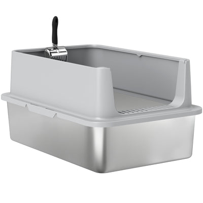 XL Stainless Steel Cat Litter Box for Big and Multiple Cats with High Wall Side