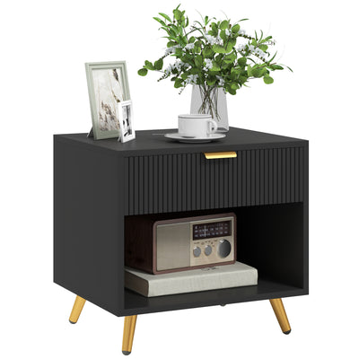 Nightstand with Fluted Panel, Bedside Table with Drawer and Open Compartment