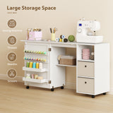 Rolling Sewing Machine Table with Power Outlet, Folding Craft Table with 2 Fabric Drawers, 2 Bins and 18 Pegs