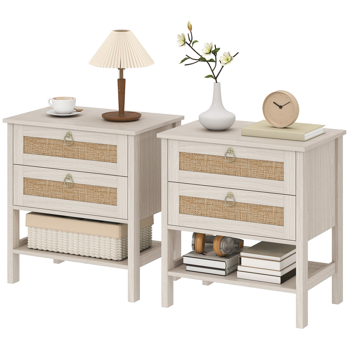 Set of 2 Boho Bedside Tables, Rattan Nightstands with 2 Drawers, Storage Shelf