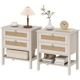 Set of 2 Boho Bedside Tables, Rattan Nightstands with 2 Drawers, Storage Shelf