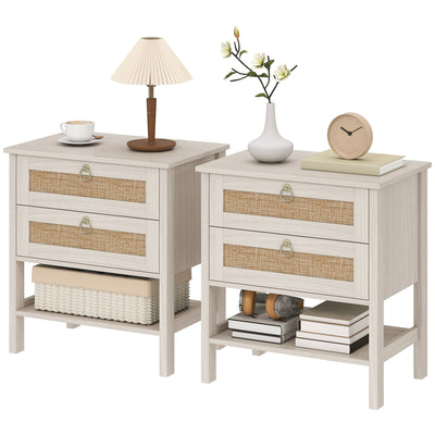 Set of 2 Boho Bedside Tables, Rattan Nightstands with 2 Drawers, Storage Shelf