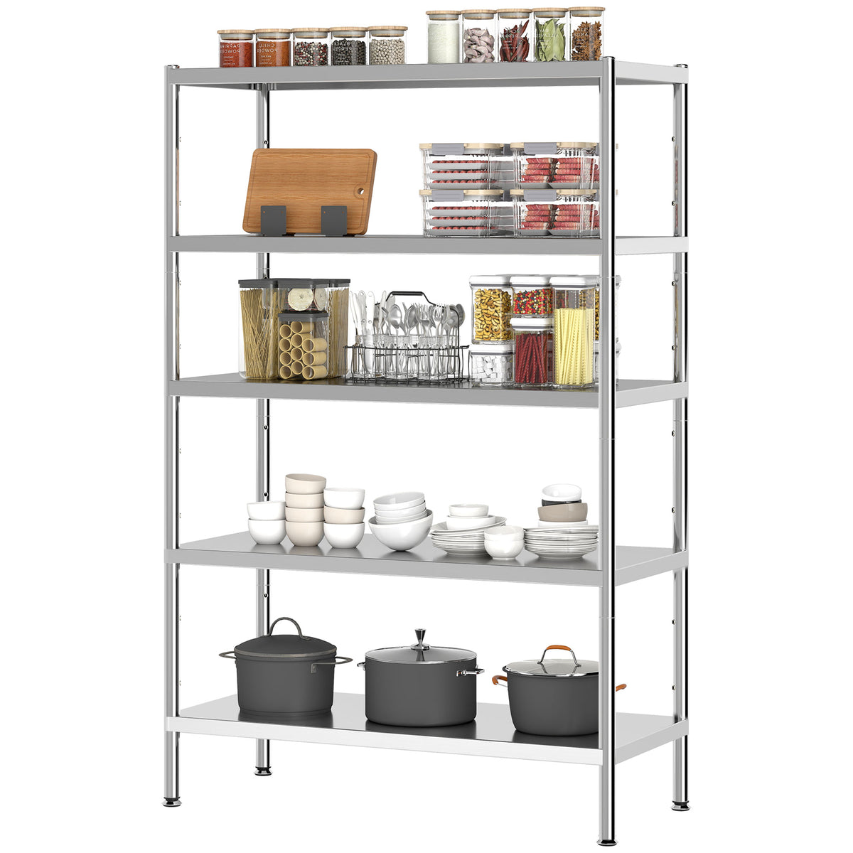 Bakers Rack, 5-Tier Stainless Steel Kitchen Storage Shelf with Adjustable Heights for Spices