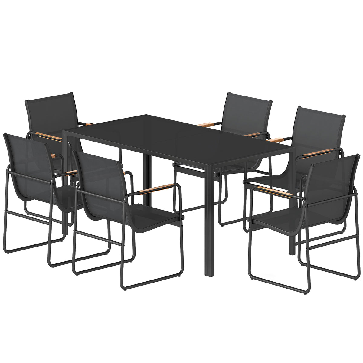 7 Pieces Outdoor Dining Set for 6, Glass Patio Table and Chairs with Decorative Armrests, All Weather Mesh