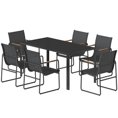 7 Pieces Outdoor Dining Set for 6, Glass Patio Table and Chairs with Decorative Armrests, All Weather Mesh