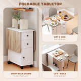 Drop Leaf Dining Table, Mobile Folding Table on Wheels with Drawers and Cabinet for Dining Room