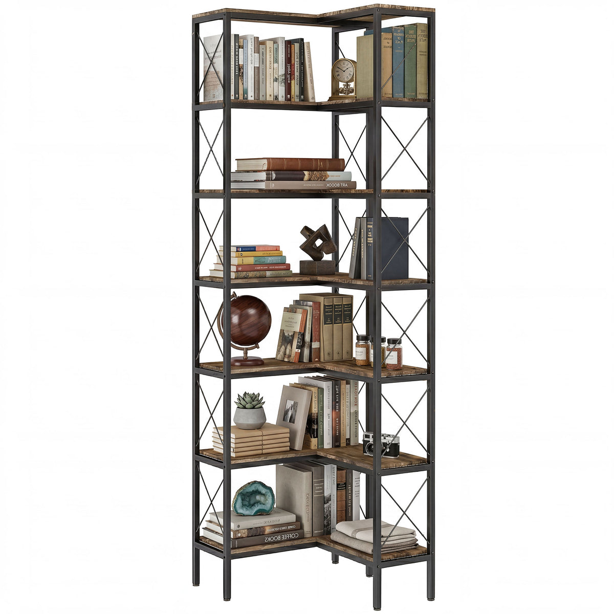 6-Tier L-Shaped Bookshelf, Freestanding Corner Bookcase with Metal Frame