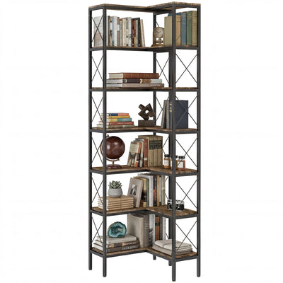 6-Tier L-Shaped Bookshelf, Freestanding Corner Bookcase with Metal Frame