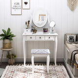 Wooden Vanity Table Set, Makeup Dressing Table with 360° Rotating, 5 Drawers and Padded Stool