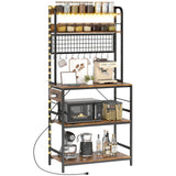 Kitchen Baker's Rack with Power Outlet and LED Light, 5-Tier Coffee Bar Station with 10 Hooks