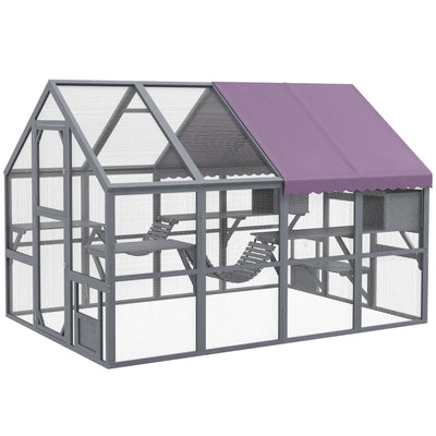 Outdoor Cat Enclosure Wooden Feral Cat House w/ Weatherproof Canopy, for 3-6 Cats