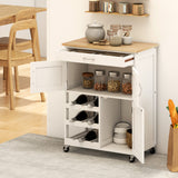 Rolling Kitchen Cart, Kitchen Island with Storage Drawer, 9-bottle Wine Rack, Wooden Countertop