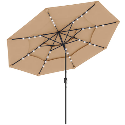 9.3 ft Patio Umbrella with Solar LED Lights, 3 Tier Outdoor Market Table Parasol with Tilt