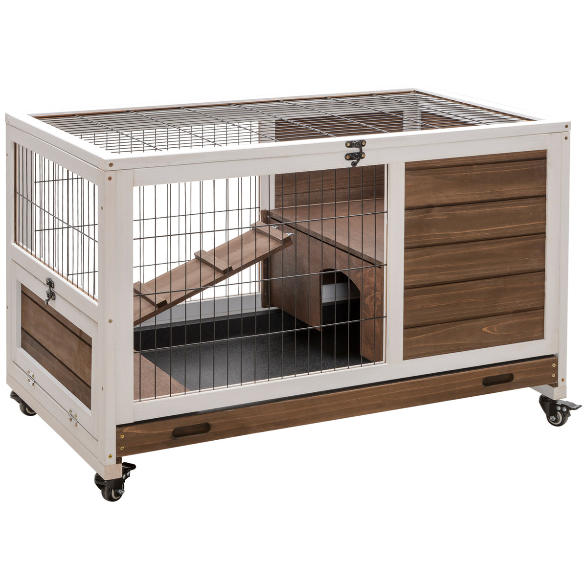Wooden Indoor Rabbit Hutch Elevated Bunny Cage Habitat with Enclosed Run with Wheels