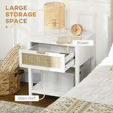 Boho Nightstand, Bedside Table with Rattan Drawer and Open Shelf