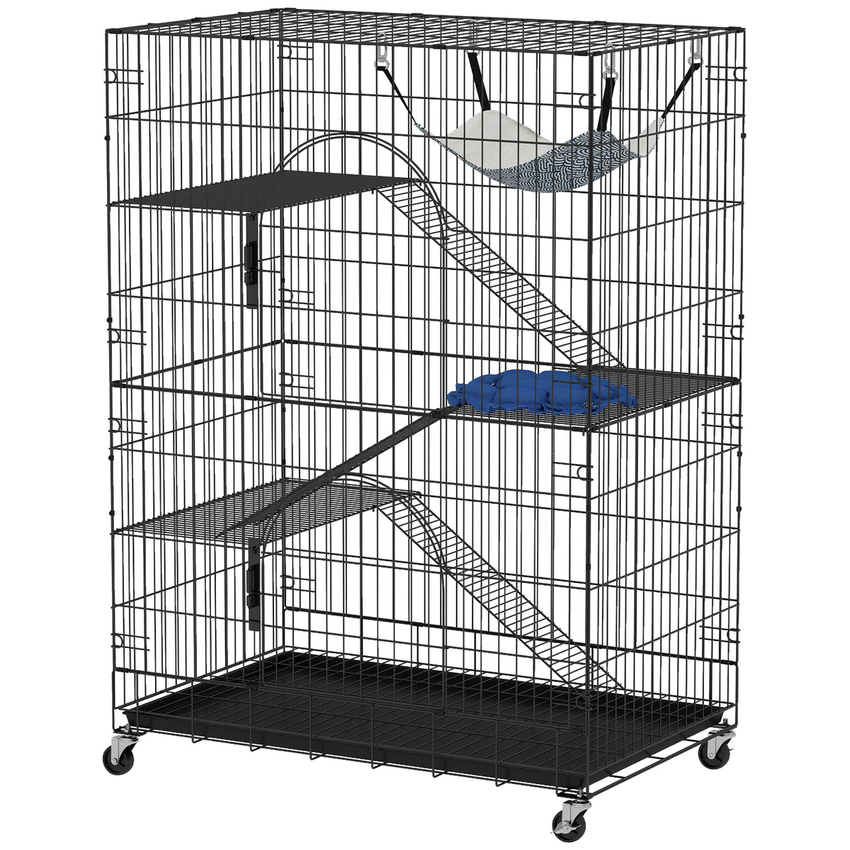 4-Tier Cat Cage, Large Cat Enclosure with Lockable Wheels, Tray, Bed, 3 Ramp, 3 Platforms for 3-5 Kittens