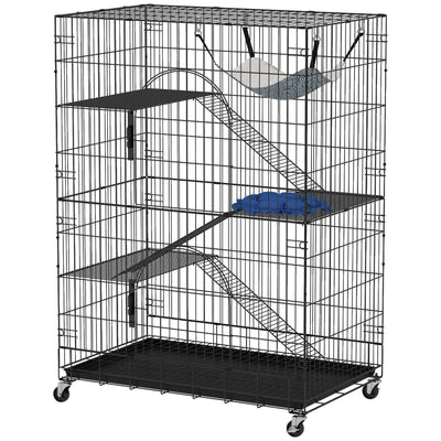 4-Tier Cat Cage, Large Cat Enclosure with Lockable Wheels, Tray, Bed, 3 Ramp, 3 Platforms for 3-5 Kittens
