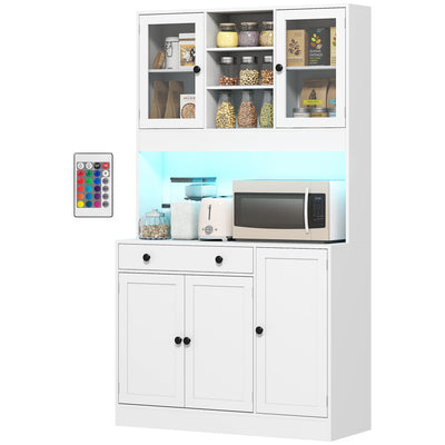 Tall Kitchen Pantry with LED Light, Freestanding Storage Cabinet with Hutch, Shelves, Drawer