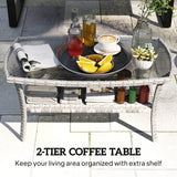 Outdoor Coffee Table with Storage Shelf, PE Wicker Patio Table with Glass Top for Garden