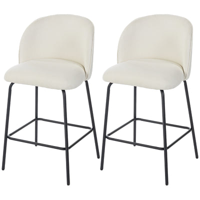 Set of 2 Counter Height Barstools, Upholstered Linen Bar Stools with Backrest, Footrest and Steel Legs
