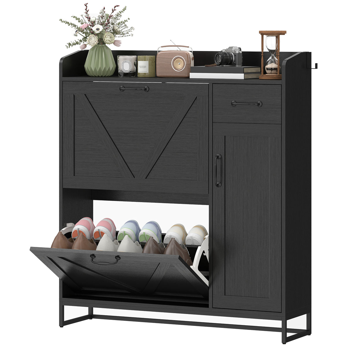 Farmhouse Shoe Storage Cabinet with Side Cabinet and Adjustable Shelves for Entryway, Holds 12 Pairs