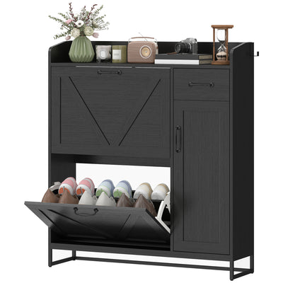 Farmhouse Shoe Storage Cabinet with Side Cabinet and Adjustable Shelves for Entryway, Holds 12 Pairs