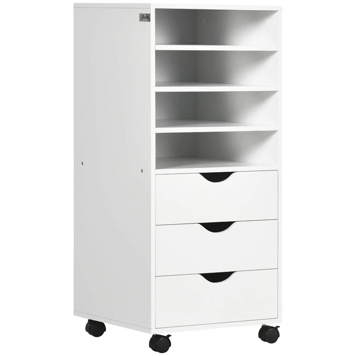 Meuble de rangement vertical, Caisson de classement mobile à roulettes avec 3 tiroirs et 4 étagères ouvertes, Support d'imprimante avec roulettes verrouillables pour bureau à domicile
