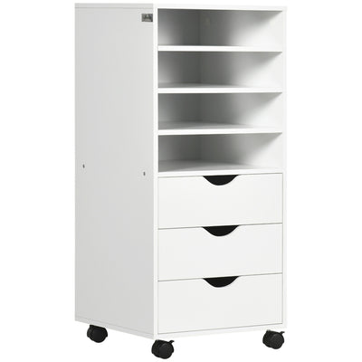 Vertical Filing Cabinet, Mobile File Cabinet on Wheels with 3 Drawers and 4 Open Shelves, Printer Stand with Lockable Casters for Home Office