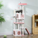 65 Inch Cat Tree with 2 Doors Condos, 4 Pompoms