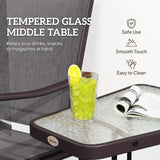 Double Patio Glider Chair with Glass Top Center Table, Outdoor Glider Loveseat with High Back, All Weather Breathable Mesh Fabric for Garden