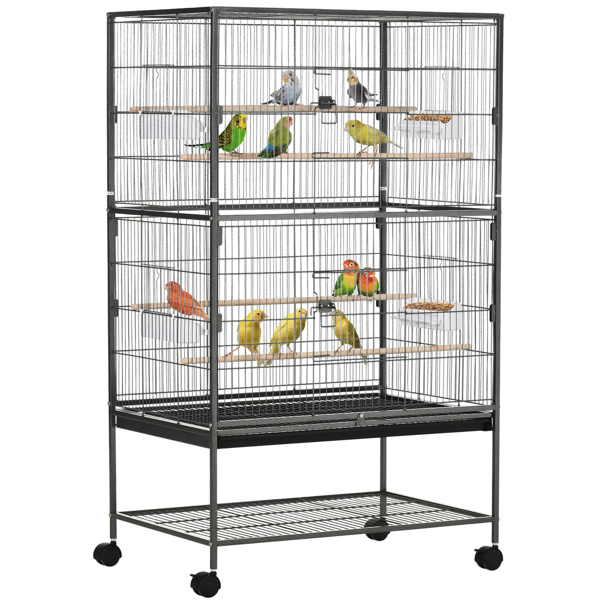 52'' Large Rolling Steel Bird Cage Bird House with Rolling Stand, Storage Shelf, Wood Perch