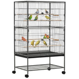 52'' Large Rolling Steel Bird Cage Bird House with Rolling Stand, Storage Shelf, Wood Perch