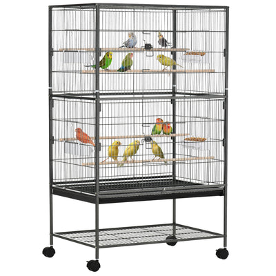 52'' Large Rolling Steel Bird Cage Bird House with Rolling Stand, Storage Shelf, Wood Perch